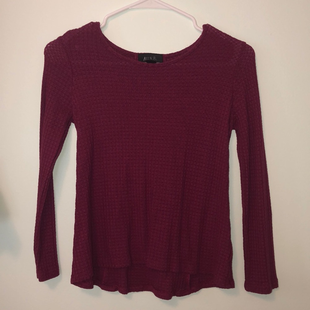 cranberry colored long sleeve shirt